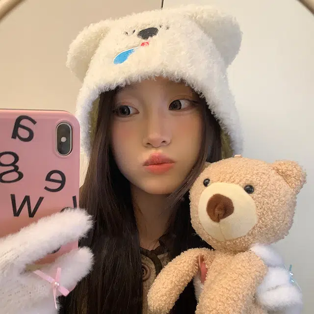 浪莎 可爱鼻涕小熊系带显脸小软糯保暖毛茸茸护耳 涤纶 绒线帽 男女同款情侣款