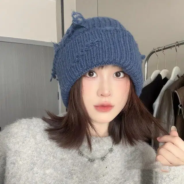 浪莎 大版破洞针织帽子男女情侣款秋冬季圆脸显脸小冷帽高品质卷边百搭绒线帽 涤纶 绒线帽 男女同款情侣款