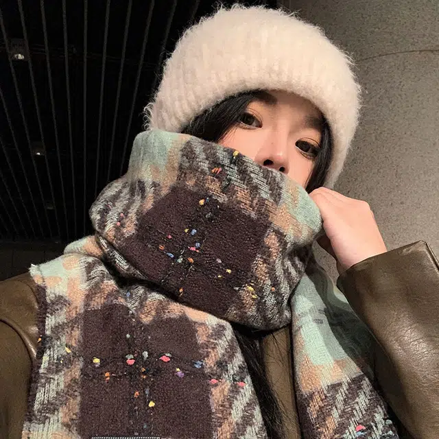 浪莎 彩点糖豆格子流苏围巾秋冬季披肩韩系高级氛围感加厚保暖围脖 男女同款情侣款 礼盒装 绒线围巾 男女同款情侣款