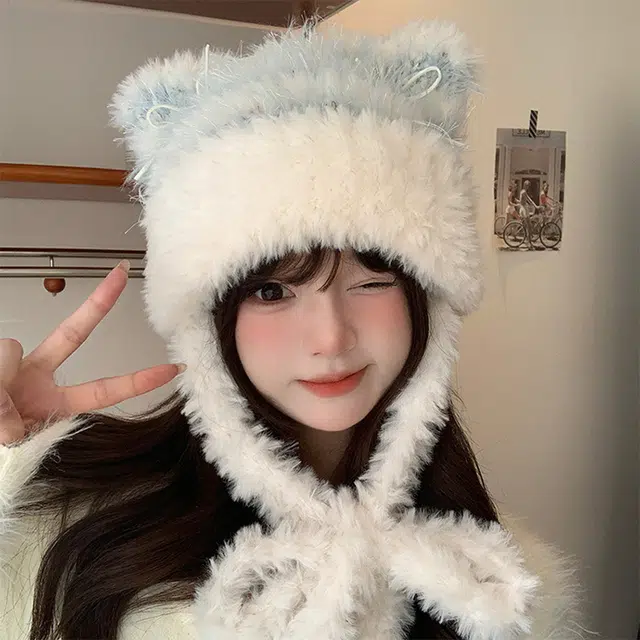 浪莎 纯欲风毛绒可爱蝴蝶结猫耳朵针织帽女生秋冬保暖加厚包头帽防风护耳针织帽 涤纶 绒线帽 女款