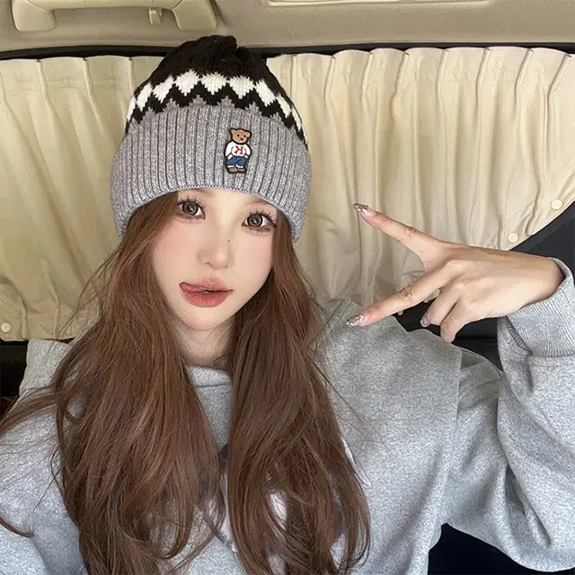 浪莎 潮牌贴布小熊毛线帽子秋冬情侣款针织帽百搭保暖菱形冷帽绒线帽 男女同款 涤纶 绒线帽 男女同款情侣款