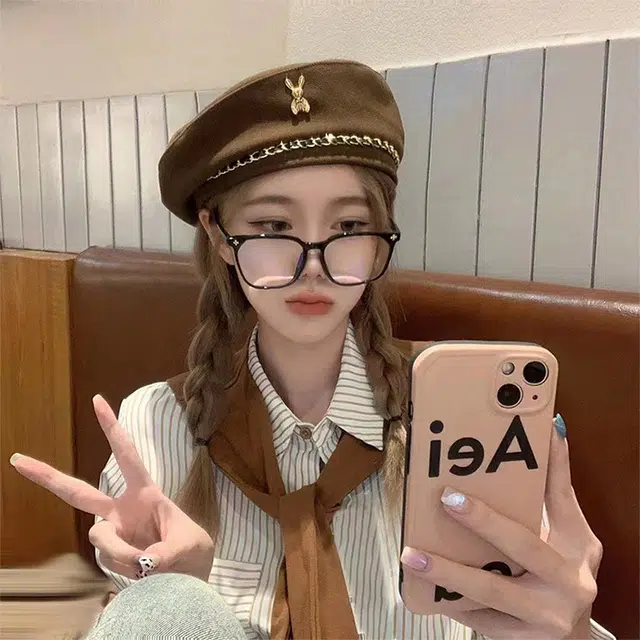 浪莎 韩系可爱兔子链条保暖画家帽百搭学院风显脸小 棉 贝雷帽 女款