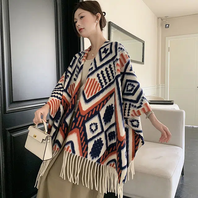 浪莎 温馨橙色插色双面旅行外搭高级感保暖流苏 聚酯纤维 披肩 女款