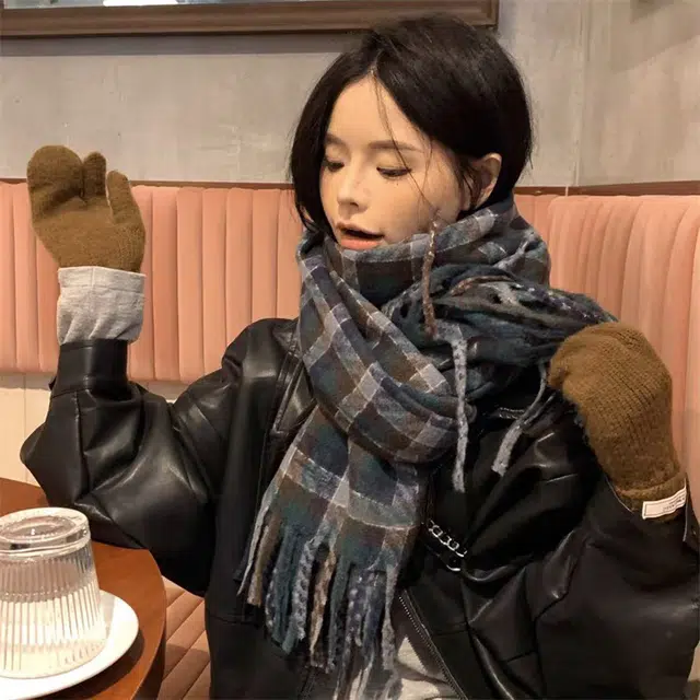 浪莎 百搭拼色格纹绒线围巾情侣款秋冬季高级氛围感围脖学生加厚保暖披肩 男女同款 赠礼礼盒装 绒线围巾 男女同款情侣款
