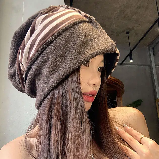 浪莎 冷帽高级感条纹拼色保暖针织帽小众设计显脸小堆堆帽 棉  绒线帽 男女同款情侣款