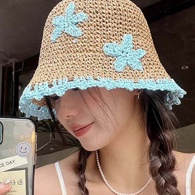 浪莎 小清新手工花朵户外骑车出行遮脸沙滩度假遮阳编织 草编 防晒帽 女款