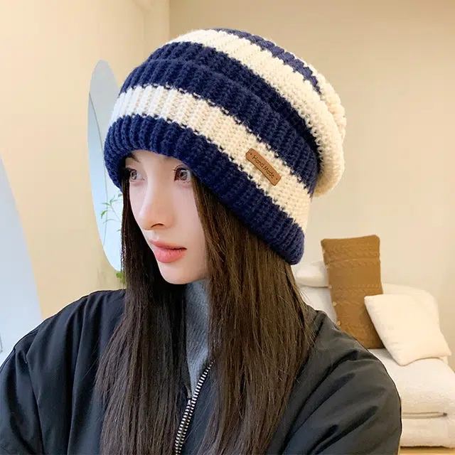 浪莎 韩式潮流字母贴标针织堆堆帽大头围时尚百搭休闲出街包头帽显脸小 聚酯纤维 绒线帽 男女同款情侣款