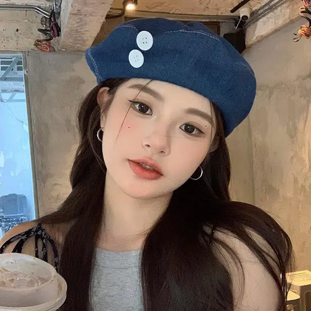 浪莎 甜美纽扣牛仔韩版蓓蕾画家大头围显脸小云朵 棉 贝雷帽 女款