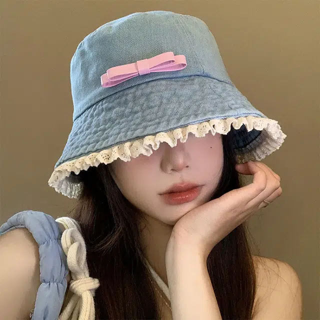 浪莎 小清新蝴蝶结蕾丝边牛仔复古显脸小盆帽遮阳防晒水桶 棉 渔夫帽 女款