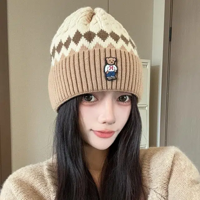 浪莎 潮牌贴布小熊毛线帽子秋冬情侣款针织帽百搭保暖菱形冷帽绒线帽 男女同款 涤纶 绒线帽 男女同款情侣款