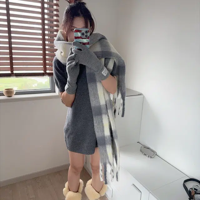 浪莎 苍兰格子学生高级感软乎乎浅色系加长保暖礼盒装 涤纶 绒线围巾 男女同款情侣款