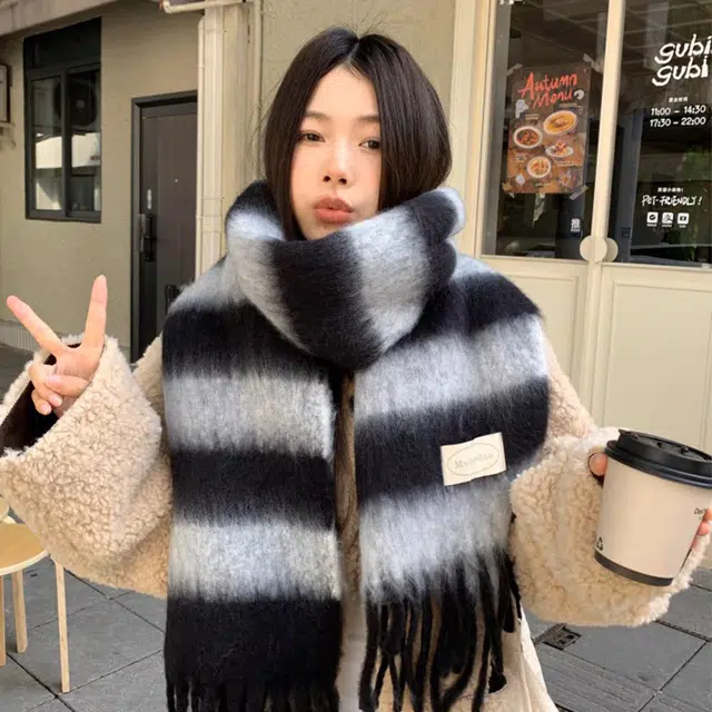【加大加厚】 浪莎 流苏拼色条纹加大加厚围巾冬季韩系氛围感百搭保暖含羊毛软糯披肩围脖 绒线围巾 男女同款情侣款