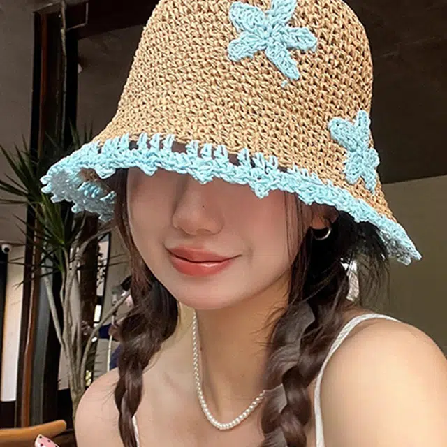 浪莎 小清新手工花朵户外骑车出行遮脸沙滩度假遮阳编织 草编 防晒帽 女款