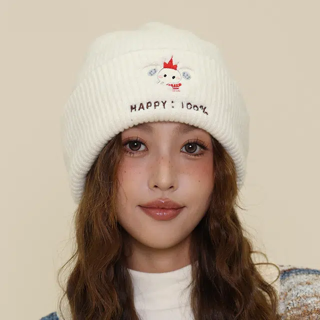 浪莎 可爱小象刺绣毛线针织帽大头围显脸小冷帽通勤保暖创意潮流时尚堆堆帽 聚酯纤维 绒线帽 男女同款情侣款
