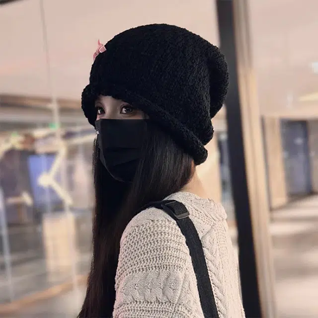 浪莎 蝴蝶结毛线冷帽保暖大头围显脸小针织堆堆帽 涤纶 绒线帽 女款