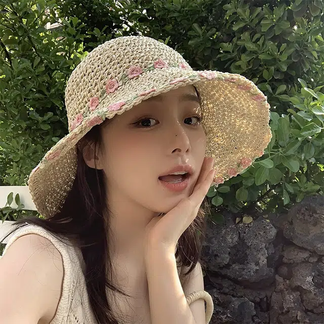 浪莎 薄荷曼波小清新花朵织带草帽大帽檐沙滩露营纯欲风出片 遮阳帽 草编 防晒帽 女款