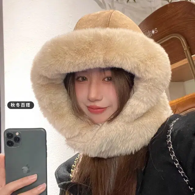 浪莎 美拉德加绒加厚麂皮绒雷锋帽女生护耳保暖冬季骑行防寒包头帽子 涤纶 绒线帽 女款