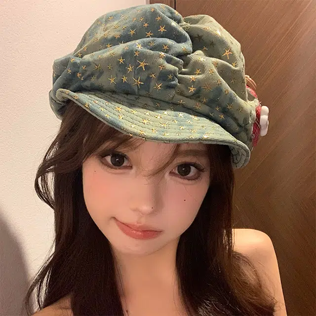 浪莎 日系甜妹爱心出行防晒遮阳百搭大头围显脸小薄款透气 牛仔布 贝雷帽 女款