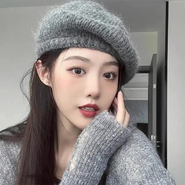 浪莎 文艺风马海毛毛线贝雷帽女款秋冬针织帽子温柔保暖大头围显脸小画家帽 腈纶 贝雷帽 女款