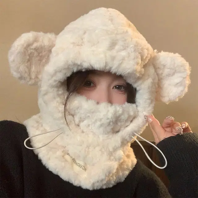 浪莎 可爱毛绒小熊护耳绒线帽女生冬季加厚加绒滑雪防寒口罩骑车通勤保暖雷锋帽 涤纶 绒线帽 男女同款情侣款