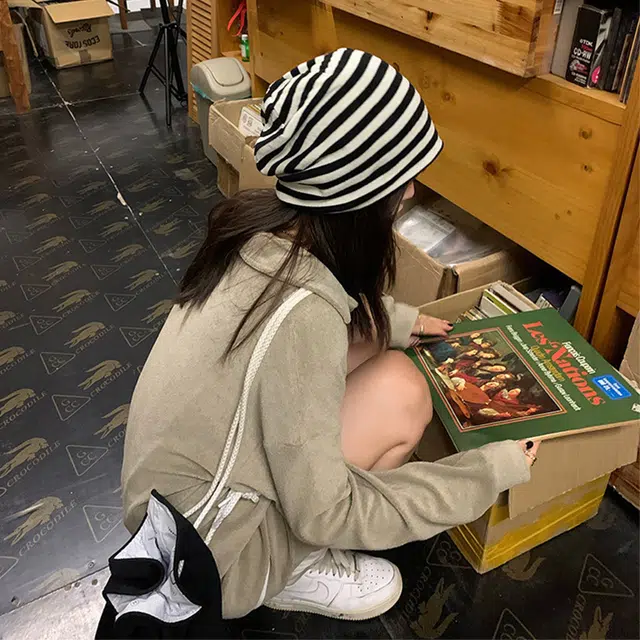 浪莎 早秋包头帽秋冬季条纹薄软透气时尚造型堆堆帽 棉 绒线帽 男女同款情侣款