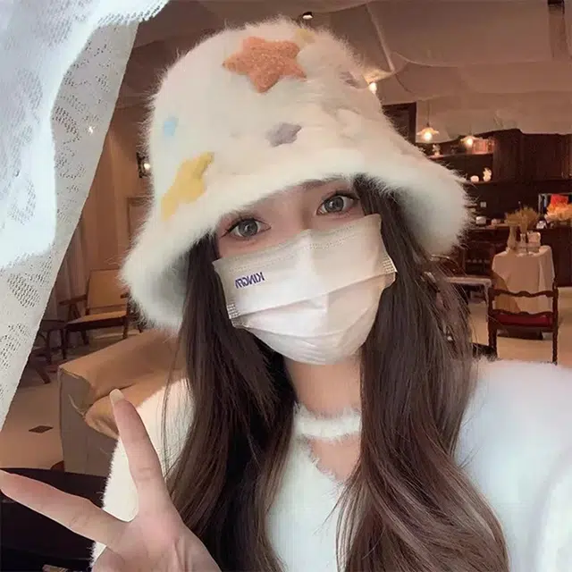 浪莎 小清新学院风星星渔夫帽女生秋冬季可爱毛绒帽子保暖显脸小水桶帽 涤纶 渔夫帽 女款