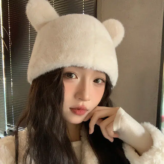 浪莎 减龄小熊耳朵毛绒帽女款秋冬新款仿貂毛百搭护耳帽学生甜美可爱冷帽 涤纶 绒线帽 女款