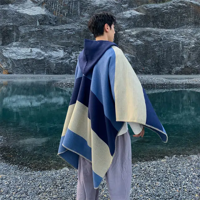 浪莎 拼色条纹连帽斗篷披肩民族风旅游外搭保暖高级感围巾 男女同款情侣款 礼盒装 披肩 男女同款情侣款