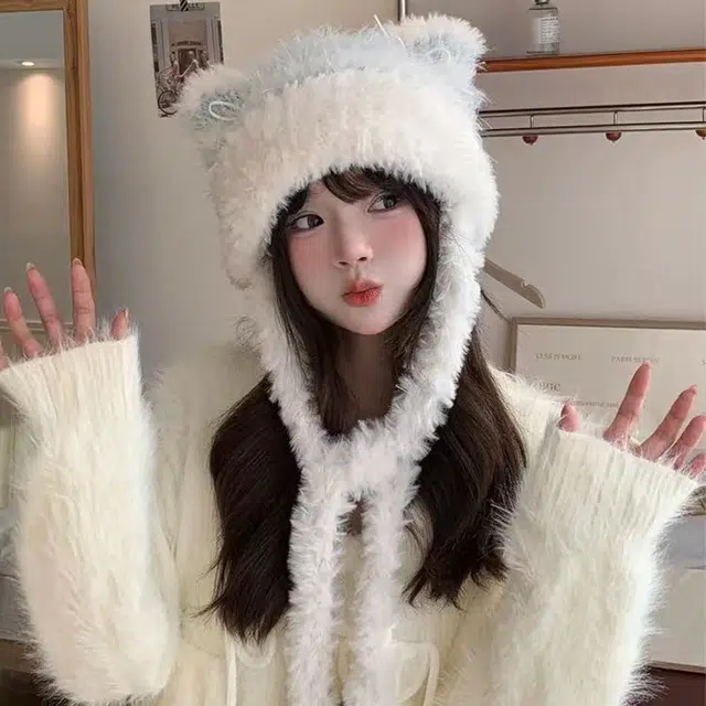 浪莎 纯欲风毛绒可爱蝴蝶结猫耳朵针织帽女生秋冬保暖加厚包头帽防风护耳针织帽 涤纶 绒线帽 女款