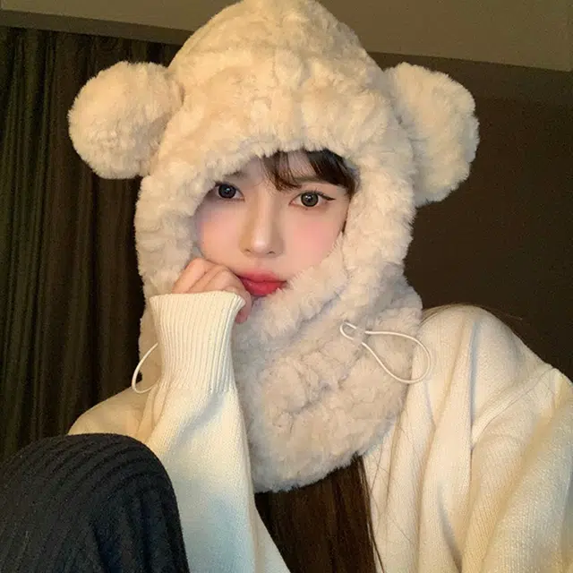 浪莎 可爱毛绒小熊护耳绒线帽女生冬季加厚加绒滑雪防寒口罩骑车通勤保暖雷锋帽 涤纶 绒线帽 男女同款情侣款