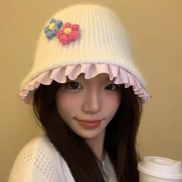 浪莎 温柔甜美花朵保暖百搭格子花边 獭兔毛 绒线帽 女款