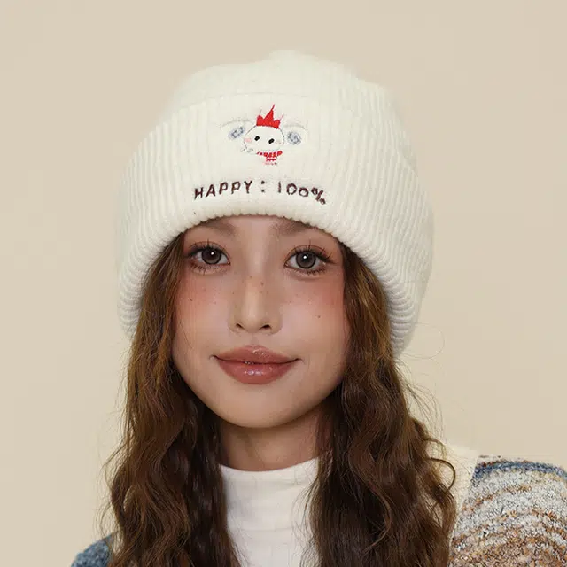 浪莎 可爱小象刺绣毛线针织帽大头围显脸小冷帽通勤保暖创意潮流时尚堆堆帽 聚酯纤维 绒线帽 男女同款情侣款
