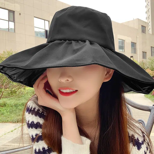 浪莎 黑胶遮阳防晒户外出行可折叠塑形大檐 聚酯纤维 渔夫帽 女款