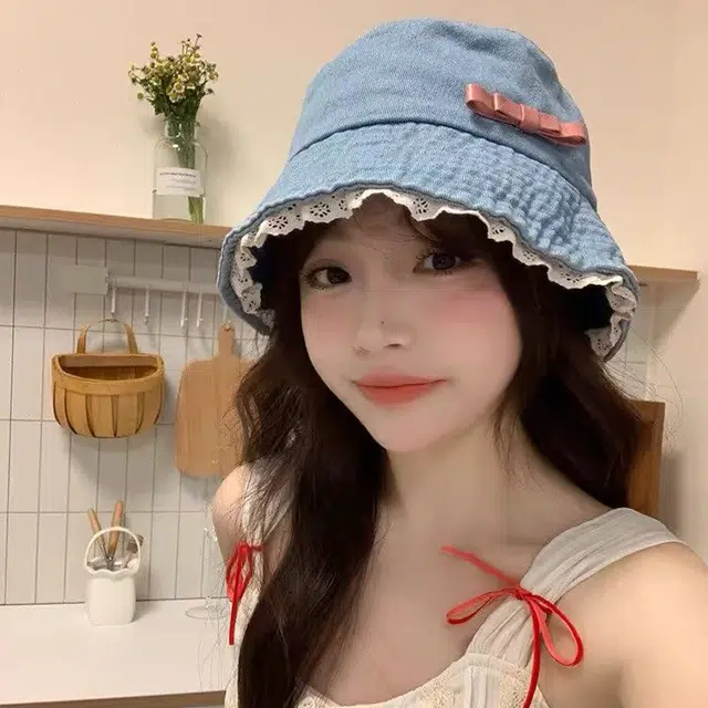 浪莎 小清新蝴蝶结蕾丝边牛仔复古显脸小盆帽遮阳防晒水桶 棉 渔夫帽 女款
