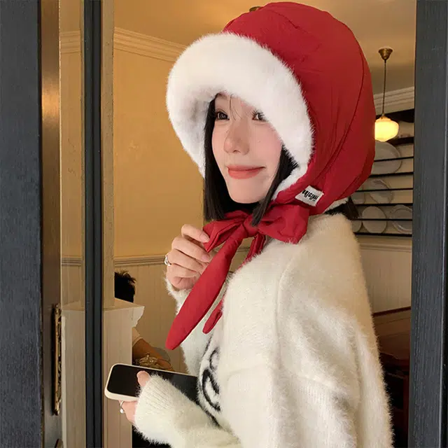 浪莎 韩系冬季百搭红色蝴蝶结雷锋帽女生显脸小保暖护耳防寒毛绒帽 涤纶 绒线帽 女款