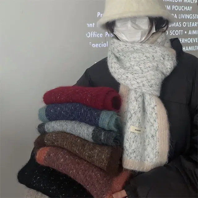 浪莎 氛围感混线边框绒线围巾男女生秋冬季高级感百搭撞色保暖学生情侣围脖披肩 礼盒装 绒线围巾 男女同款情侣款
