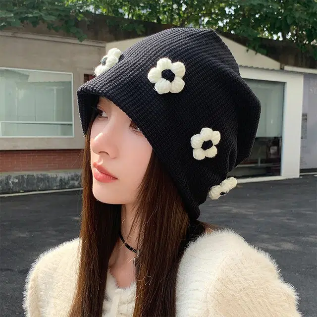 浪莎 堆堆帽秋冬季街拍毛线花朵大头围包头冷帽 棉 绒线帽 女款