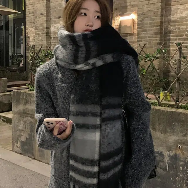 浪莎 高级感马海毛加厚长款冬季 保暖 学院风柔软亲肤流苏披肩 礼盒装 涤纶 绒线围巾 通用