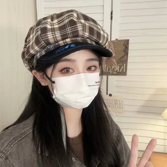 浪莎 日系复古百搭八角格子纹轻奢可爱小熊刺绣甜美 聚酯纤维 贝雷帽 女款