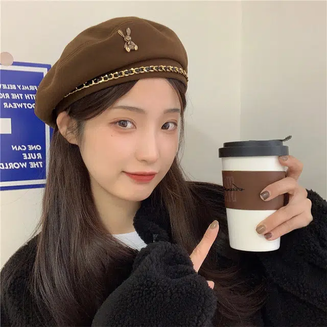 浪莎 韩系可爱兔子链条保暖画家帽百搭学院风显脸小 棉 贝雷帽 女款