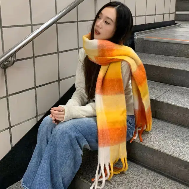 浪莎 日落甜橘韩系氛围感 保暖百搭 礼盒装 聚酯纤维 绒线围巾 男女同款情侣款