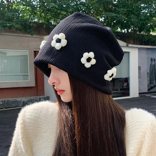 浪莎 堆堆帽秋冬季街拍毛线花朵大头围包头冷帽 棉 绒线帽 女款