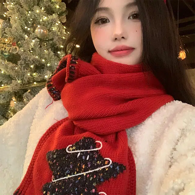 【圣诞氛围】 浪莎 圣诞星星红色针织围巾女生秋冬季保暖高级感防寒护颈围脖新年必备 礼盒装 绒线围巾 女款