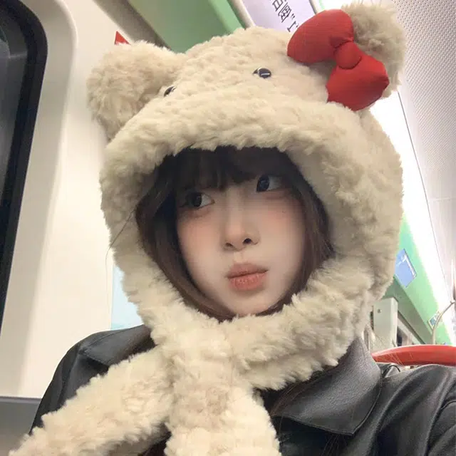 【萌趣可爱】 浪莎 可爱小熊蝴蝶结绒线帽子围巾一体女生秋冬季毛绒加厚保暖围脖护耳雷锋帽 涤纶 绒线帽 女款