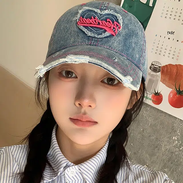 浪莎 春夏季爱心水洗做旧牛仔刺绣棒球帽户外出行甜酷辣妹防晒遮阳时尚潮流百搭大头围显脸小 棉 鸭舌帽 男女同款情侣款