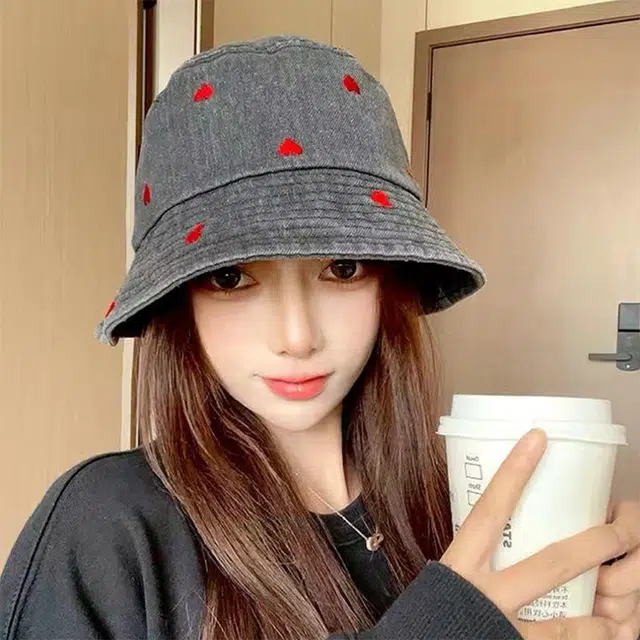 浪莎 简约初色爱心刺绣盆显脸小度假徒步时尚防晒遮阳 棉 渔夫帽 男女同款情侣款