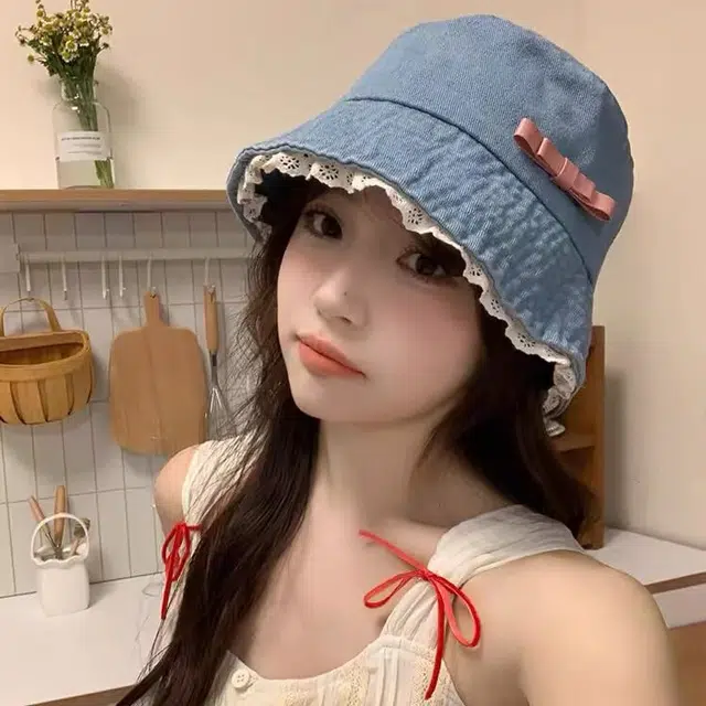 浪莎 小清新蝴蝶结蕾丝边牛仔复古显脸小盆帽遮阳防晒水桶 棉 渔夫帽 女款