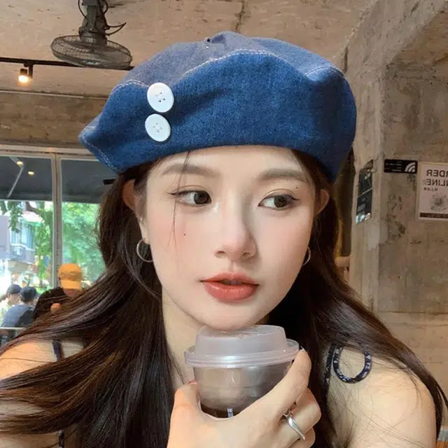 浪莎 甜美纽扣牛仔韩版蓓蕾画家大头围显脸小云朵 棉 贝雷帽 女款