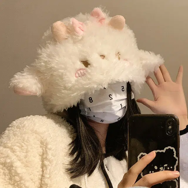 浪莎 超可爱小羊耳朵帽子女生秋冬甜美纯欲风毛绒帽显脸小保暖毛茸茸护耳帽 涤纶 绒线帽 男女同款情侣款