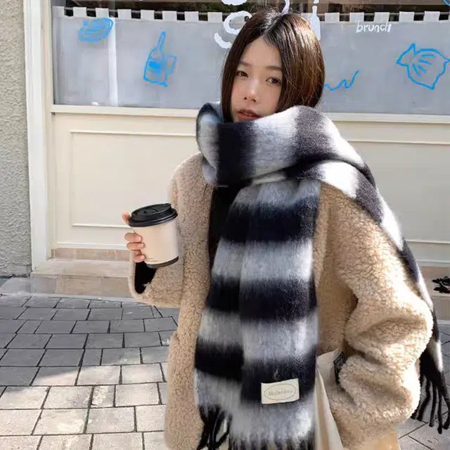 【加大加厚】 浪莎 流苏拼色条纹加大加厚围巾冬季韩系氛围感百搭保暖含羊毛软糯披肩围脖 绒线围巾 男女同款情侣款